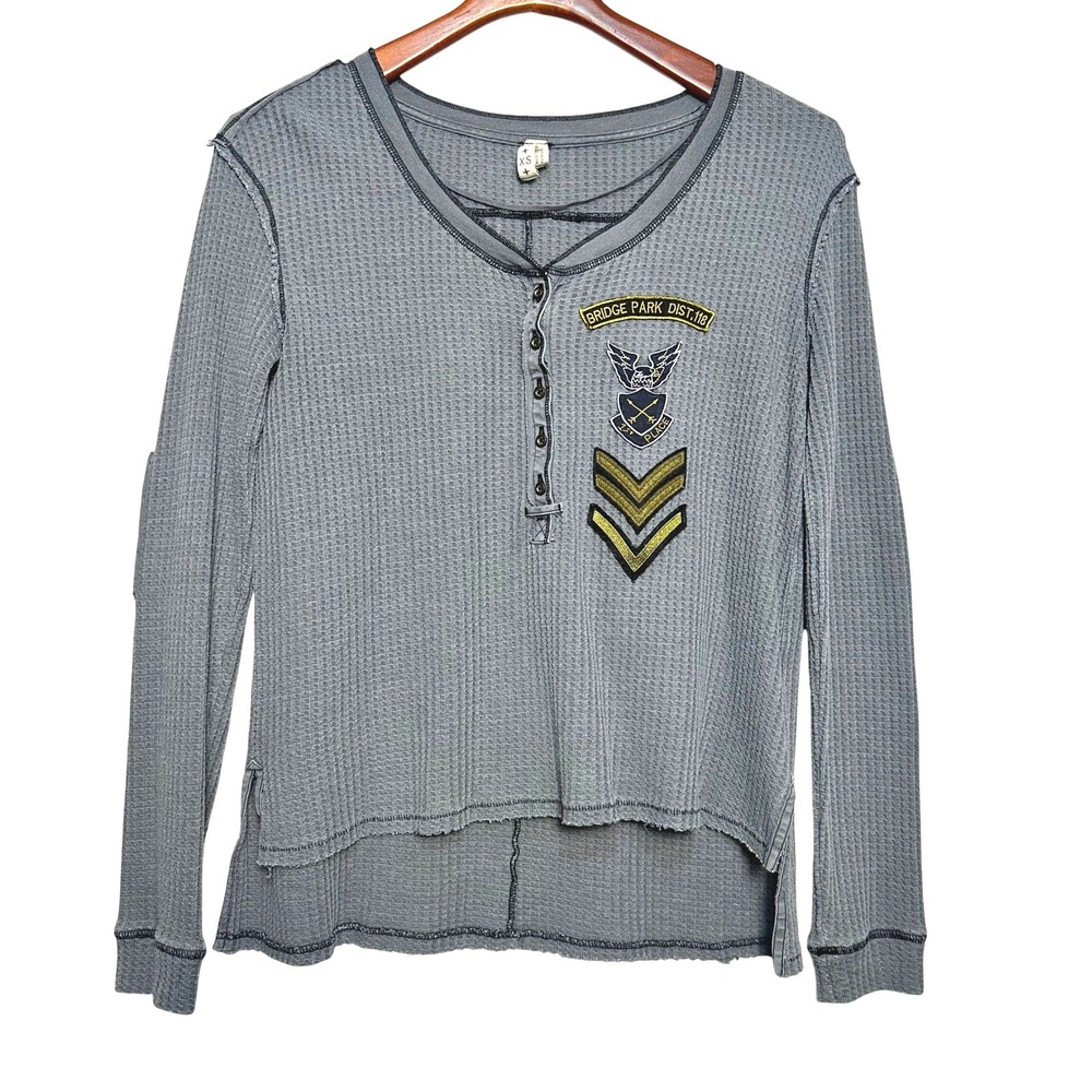 Free People Bridget Bridge Park Dist 118 Military Thermal Henley Top Gray XS